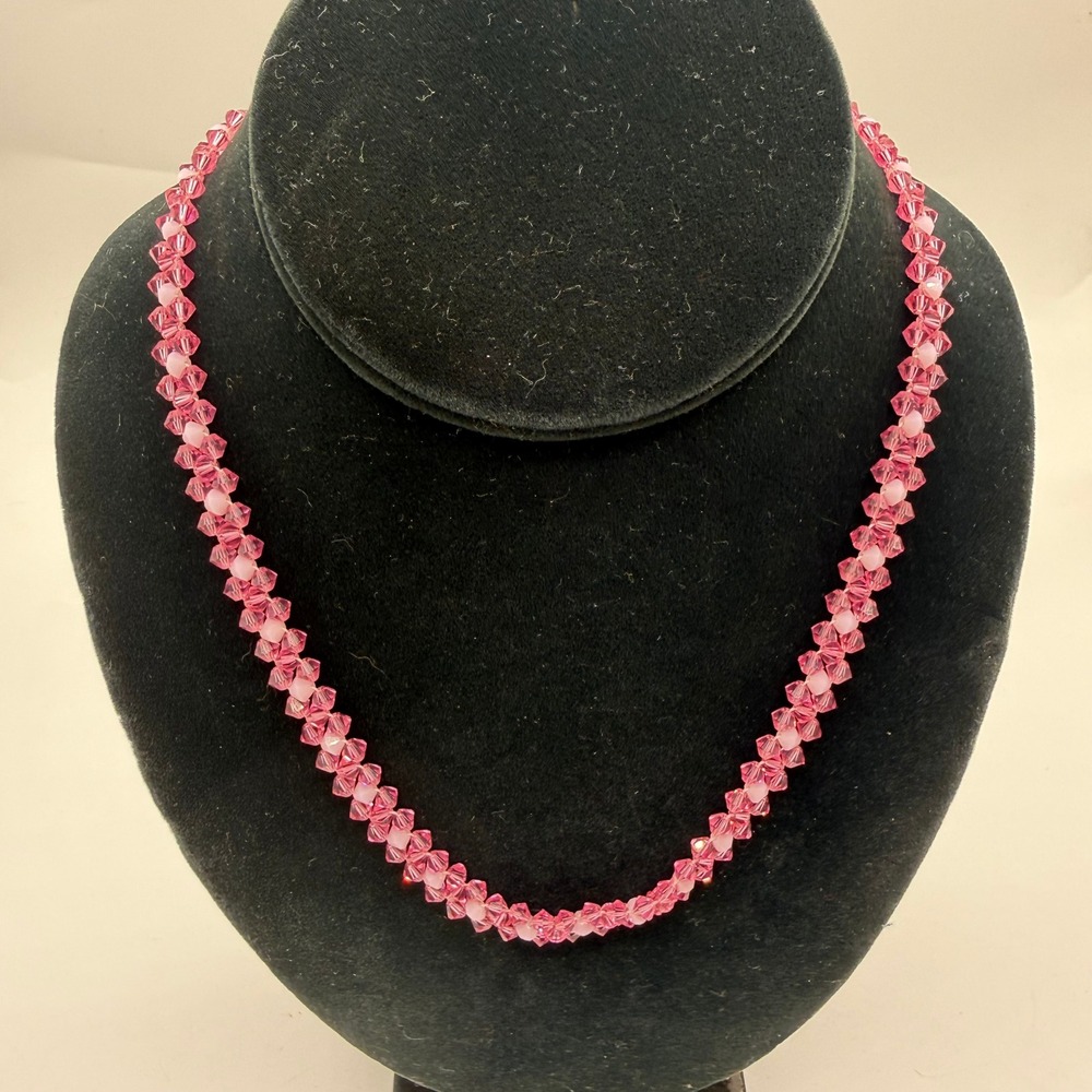 Handmade Pink Crystal Beaded Woven Necklace 17 Inch‎ Bicone Sparkle Artisan